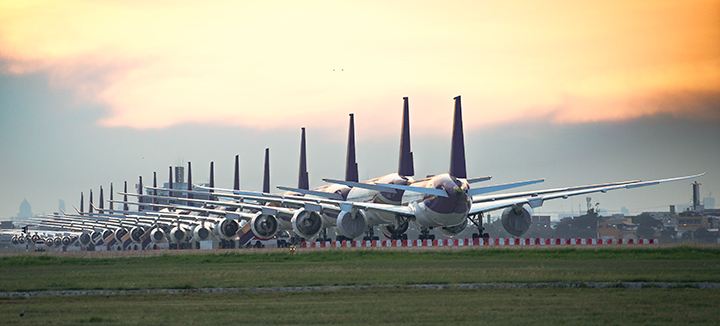row of planes in storage